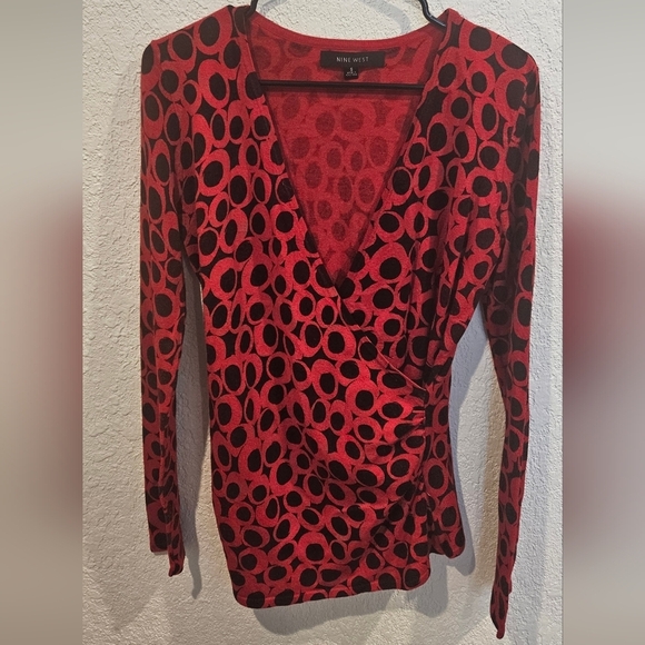 Nine West Red & Black Wrap Blouse Long Sleeve Small - Picture 4 of 5